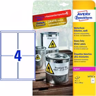 Immagine di Etichette adesive in poliestere bianco extra resistente, 99,1x139mm, 4 etichette per foglio, 20 ff