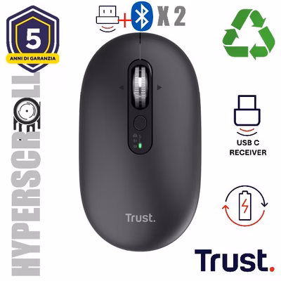 Immagine di TRUST MOUSE WIRELESS HYPERSCROLL RICARICABILE MULTICONNE 26018