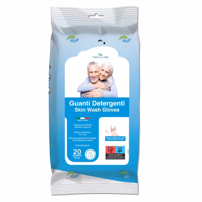Immagine di Guanti detergenti rinfrescanti e profumati TAKE A CARE colore bianco - 20 pezzi