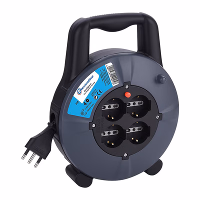 Immagine di Avvolgicavo elettrico spina grande 16A > 4 prese bipasso/Schuko cavo 5 metri colore nero