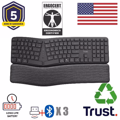 Immagine di TRUST TASTIERA ERGONOMICA CERTIFICATA ERGOCERT WIRELES 25459
