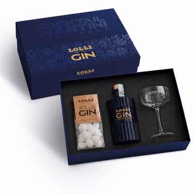 Immagine di Lolli Gin London Dry 500ml in gift pack con 1 coppa Martini e 1 confezione di caramelle Perle di Gin