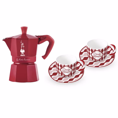 Immagine di Set regalo Moka Bialetti Express 3 tazze + 2 tazzine con piattino colore rosso