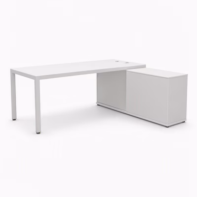 Immagine di Scrivania c/mobile di servizio ACTIU PRISMA 210x160x74H cm gamba metallica bianca piano bianco