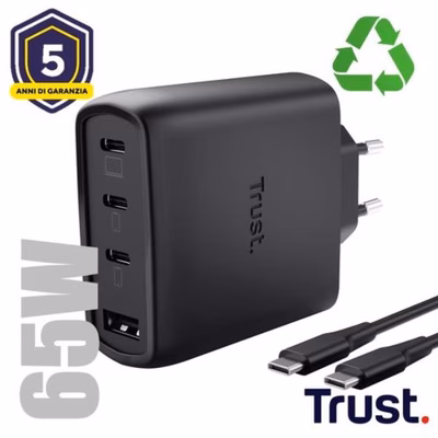 Immagine di Caricabatterie nero TRUST ALIMENTATORE/CARICABATTERIA 65W 4 PORTE 3 USB-C, 26067TRS