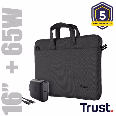 Immagine di Notebook da 15.4 - 16 polietilene riciclato nero TRUST SET BORSA LAPTOP FINO A 16" + ALIMENTATORE US