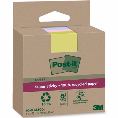 Immagine di Post-it 3M super sticky 100% riciclati 70 ff 76x76colori assortiti