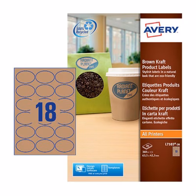 Immagine di Etichette adesive in carta effetto cartone ovali, 63,5x42,3 mm, 18 etichette per foglio, 20 fogli