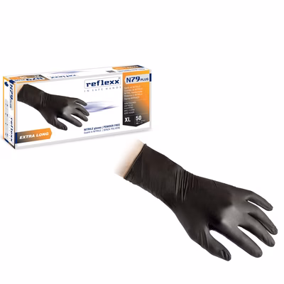 Immagine di Guanti monouso in nitrile senza polvere REFLEXX N79P colore nero extra lungo 30 cm taglia XL