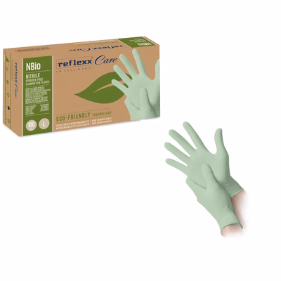 Immagine di Guanti monouso biodegradabile in nitrile senza polvere REFLEXX NBIO colore verde pastello taglia M