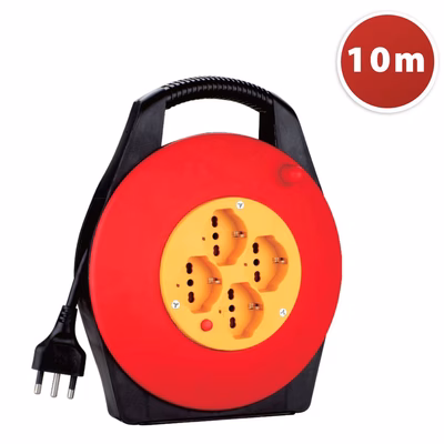 Immagine di Avvolgicavo elettrico spina grande 16A > 4 prese bipasso/Schuko cavo 10 metri colore nero