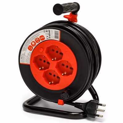 Immagine di Avvolgicavo elettrico spina grande 16A > 4 prese bipasso/Schuko cavo 15 metri colore nero