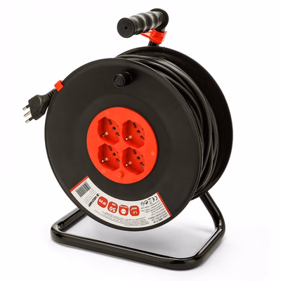Immagine di Avvolgicavo elettrico spina grande 16A > 4 prese bipasso/Schuko cavo 50 metri colore nero