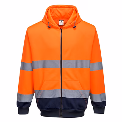 Immagine di Felpa bicolore con cappuccio e zip intera hi-vis PORTWEST B317 colore arancione/blu navy taglia L