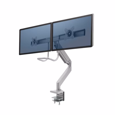 Immagine di Braccio monitor Fellowes doppio con maniglia, Eppa, Argento, Fino a 32"