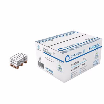 Immagine di Mezzo pallet carta asciugamani piegata a "V" EUROCARTA CENTO X CENTO V FOLD TOWEL PURE 2 veli 200ff