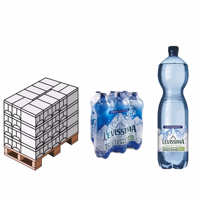 Immagine di Pallet acqua minerale LEVISSIMA bottiglia 100% R-PET frizzante ml 1500