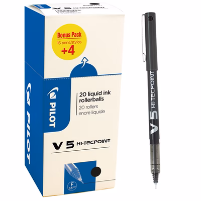 Immagine di Roller colore nero PILOT HI-TECPOINT V5 punta superfine mm 0,5 - confezione da 16 + 4 in omaggio