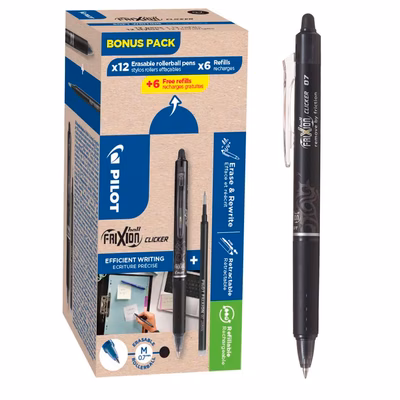 Immagine di Roller colore nero PILOT FRIXION BALL Clicker cancellabile Greenpack p.fine mm0,7 (12roller+6refill)