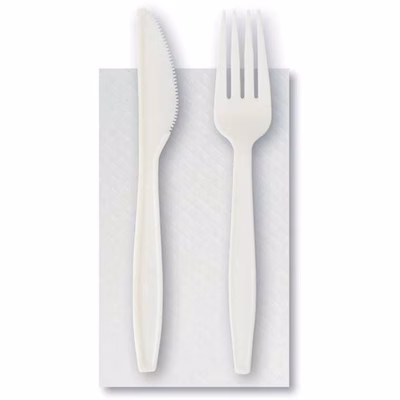 Immagine di Bis Forchetta+Coltello+tovagliolo 1 velo 33x33 cm in PLA bianco
