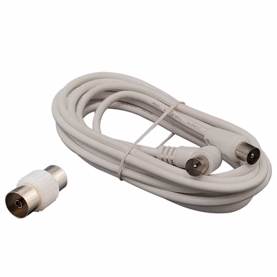 Immagine di Cavo antenna TV 3 metri maschio/maschio 90° + adattatore femmina/femmina bianco