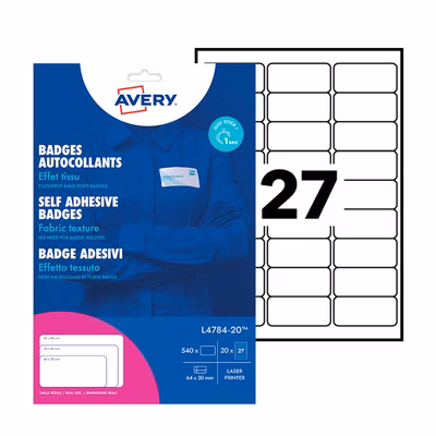 Immagine di Badge adesivi A4 in seta acetata bianco con colla removibile AVERY L4784-20 mm 63,5x29 20 ff