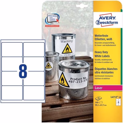 Immagine di Etichette adesive in poliestere bianco extra resistente, 99,1x67,7mm, 8 etichette per foglio, 20 ff