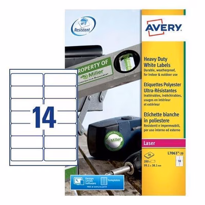 Immagine di Etichette adesive in poliestere bianco extra resistente, 99,1x38,1mm, 14 etichette per foglio, 20 ff