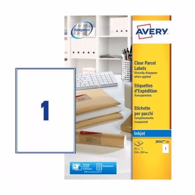 Immagine di Etichette adesive in poliestere trasparente opaco, 210x297mm, 1 etichetta per foglio, 25 fogli