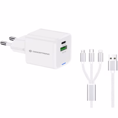 Immagine di Caricabatterie a 2 porte PD (1x USB e 1x USB-C) con cavo CONCEPTRONIC ALTHEA16W 33W colore bianco