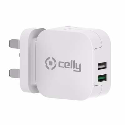 Immagine di Caricabatterie bianco CELLY TC2USBTURBO - 17W 2 USB Wall Charger UK plug TU TC2USBTURBOUK