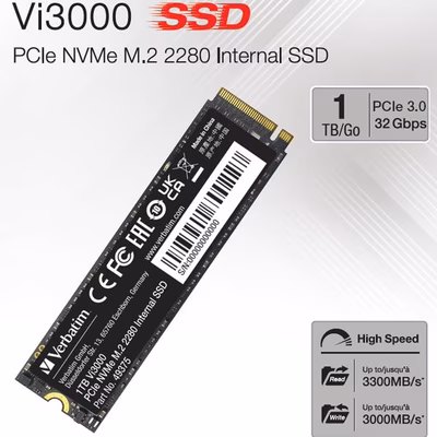 Immagine di Ssd interni 1000GB pcie gen 3.0 x 4 nvme VERBATIM Vi3000 Internal PCIe NVMe M.2 SSD 1TB 49375V