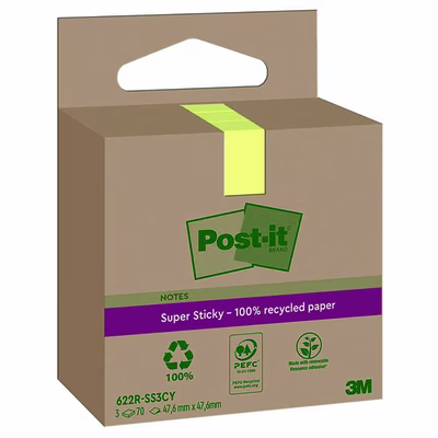 Immagine di Post-it riciclato 3M Super Sticky Green 622R-SS3CY mm 47,6x47,6 70ff colore giallo Canary