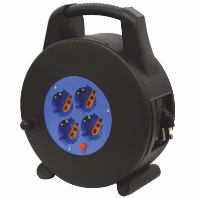 Immagine di Avvolgicavo elettrico spina grande 16A > 4 prese bipasso/Schuko cavo 5 metri colore nero