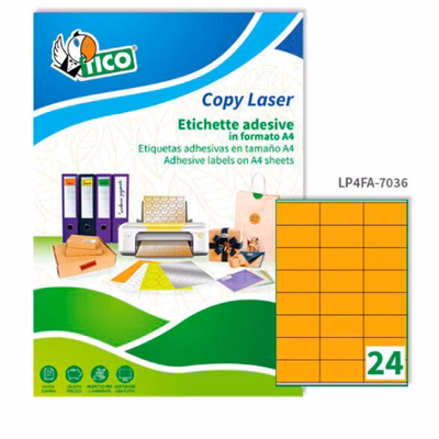 Immagine di Etichette adesive arancione fluo in carta certificata FSC®, 70x36mm, 24 etichette per foglio, 70 ff