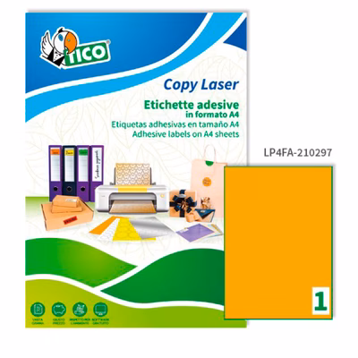Immagine di Etichette adesive arancione fluo in carta certificata FSC®, 210x297mm, 1 etichetta per foglio, 70 ff