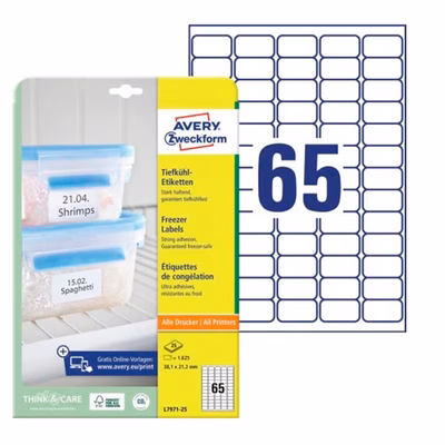 Immagine di Etichette adesive in carta bianca certificata FSC®, 38,1x21,1mm, 65 etichette per foglio, 25 fogli