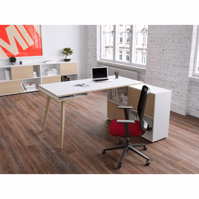 Immagine di Scrivania c/mobile di servizio NORWEGIAN WOOD cm 160x120x81 gambe legno massello finitura rovere pia