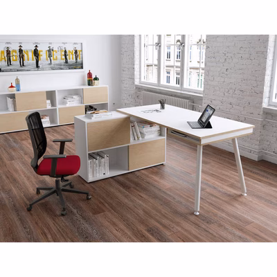 Immagine di Scrivania c/mobile di servizio NORWEGIAN cm 160x120x81 gambe metallo bianco piano bianco/rovere chia