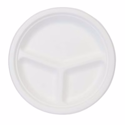 Immagine di Piatto tre scomparti rotondo in polpa di cellulosa colore bianco Ø 26 cm