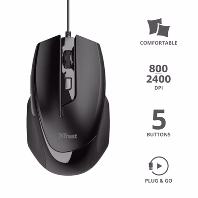 Immagine di TRUST MOUSE CABLATO 160CM - 2400DPI - TRUST VOCA - NERO 23650