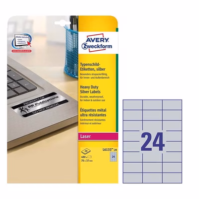 Immagine di Etichette adesive in poliestere argento AVERY L6133-20 per stampanti laser 70x37 mm 20 fogli