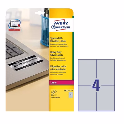 Immagine di Etichette adesive in poliestere argento AVERY L6134-20 per stampanti laser 105x148 mm 20 fogli