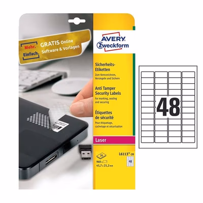 Immagine di Etichette adesive antimanomissione per stampanti laser, 45,7x21,2mm, 48 etichette per foglio, 20 ff