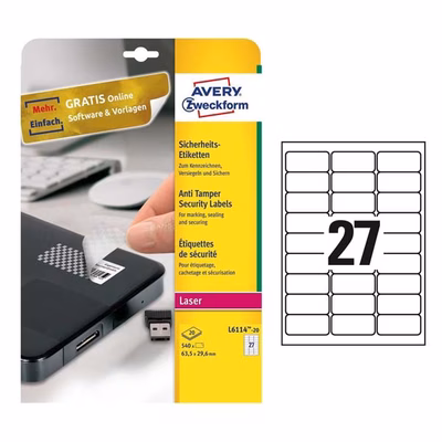 Immagine di Etichette adesive antimanomissione per stampanti laser, 63,5x29,6mm, 27 etichette per foglio, 20 ff