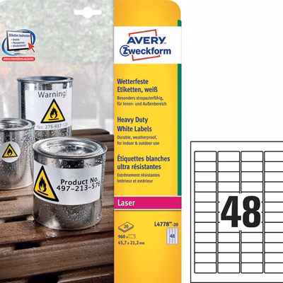 Immagine di Etichette adesive in poliestere bianco extra resistente, 45,7x21,2 mm, 48 etichette per foglio, 20ff