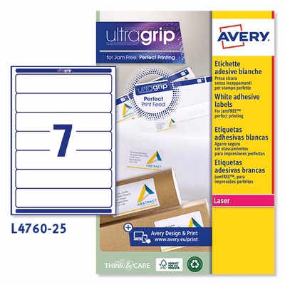Immagine di Etichette adesive in carta bianca coprente per raccoglitori, 38x192mm, 7 etichette per foglio, 25 ff