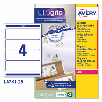 Immagine di Etichette adesive in carta bianca coprente per raccoglitori, 61x192mm, 4 etichette per foglio, 25 ff