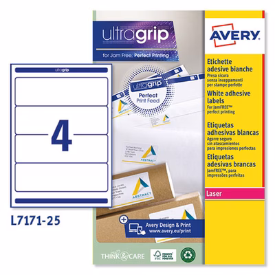 Immagine di Etichette adesive in carta bianca coprente per raccoglitori, 60x200mm, 4 etichette per foglio, 25 ff