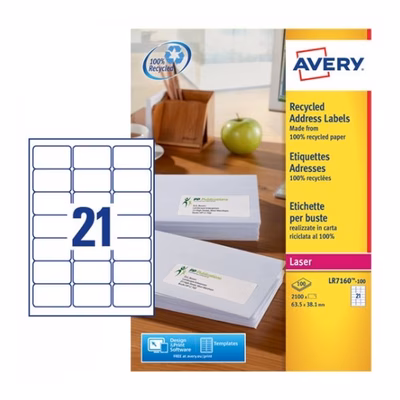 Immagine di Etichette adesive per stampanti laser e Inkjet per buste e pacchi, 63,5x38,1mm, 100 fogli